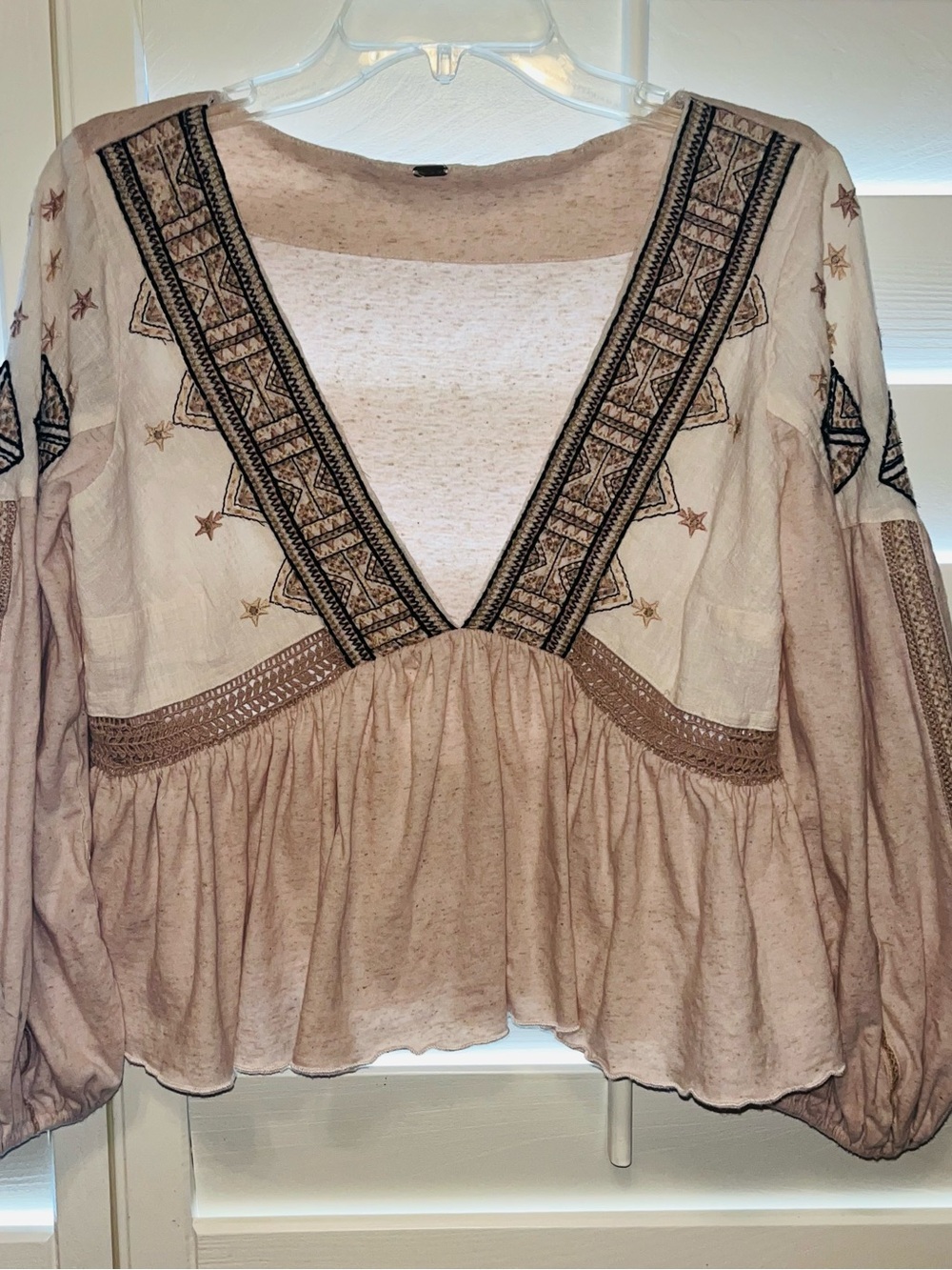 Urban Outfitters Blush Embroidered V-Neck Peasant Tunic